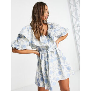 NWT ASOS edition Dress Mini Floral Blue White 2 Formal Cocktail Ruffle Smocked